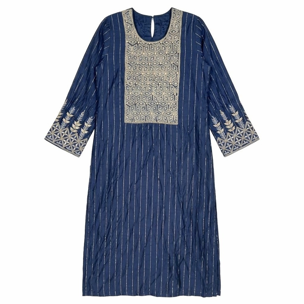 Indian Festival Boho Embroidered Kurta Tunic Dress Medium Navy Blue
